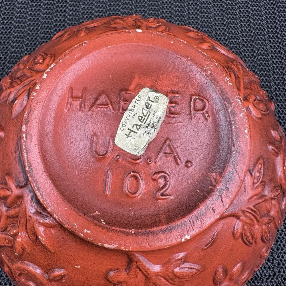 Vintage Haeger USA 102 Red Embossed Floral Pottery Bowl Planter Rustic Decor